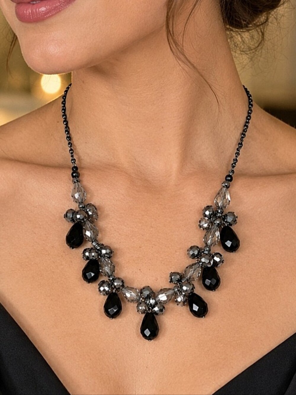 Teardrop Crystal Faceted Black Smoke Clear Hematite Gunmetal Statement Necklace
